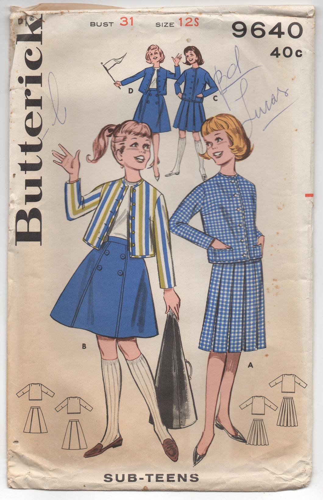 1960's Butterick Jacket and Pleated or Six Gore Skirt Coordinates - Bust 31