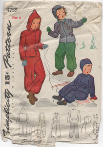 1940's Simplicity Snow Suit, Cap and Transfer Pattern - 6 years  - No. 4755