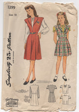 1940's Simplicity Girl's One-Piece Jumper and Blouse Pattern - 10 years - No. 1399