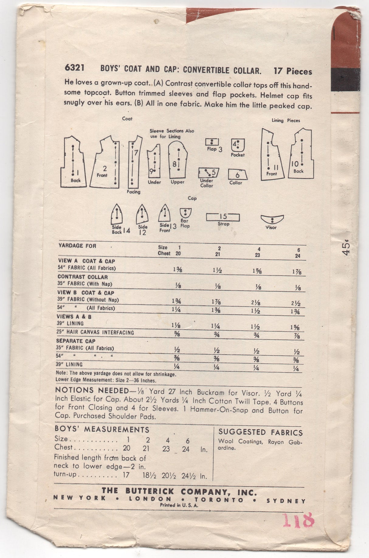 1950's Butterick Boy's Coat and Hat Pattern - 2 years - No. 6321