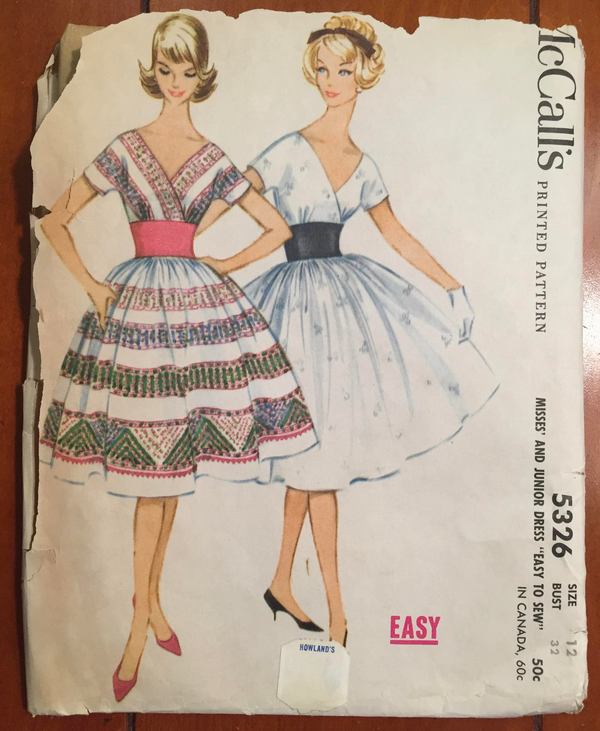 1960's McCall's Crossover Front Dress with contrast Waist and Full Skirt - Bust 32" - UC/FF - No. 5326