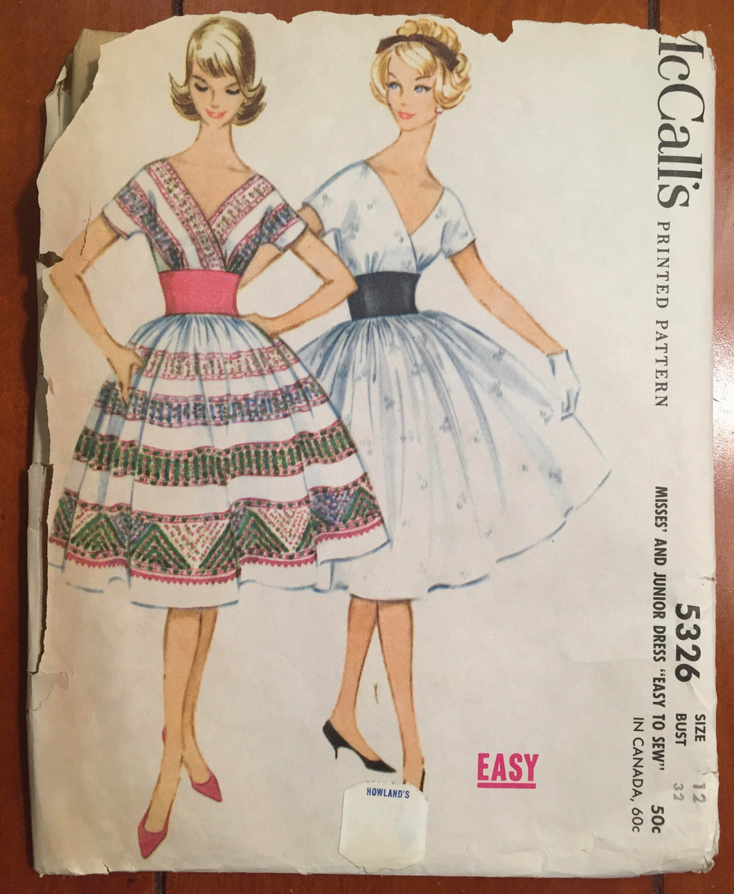 1960's McCall's Crossover Front Dress with contrast Waist and Full Skirt - Bust 32