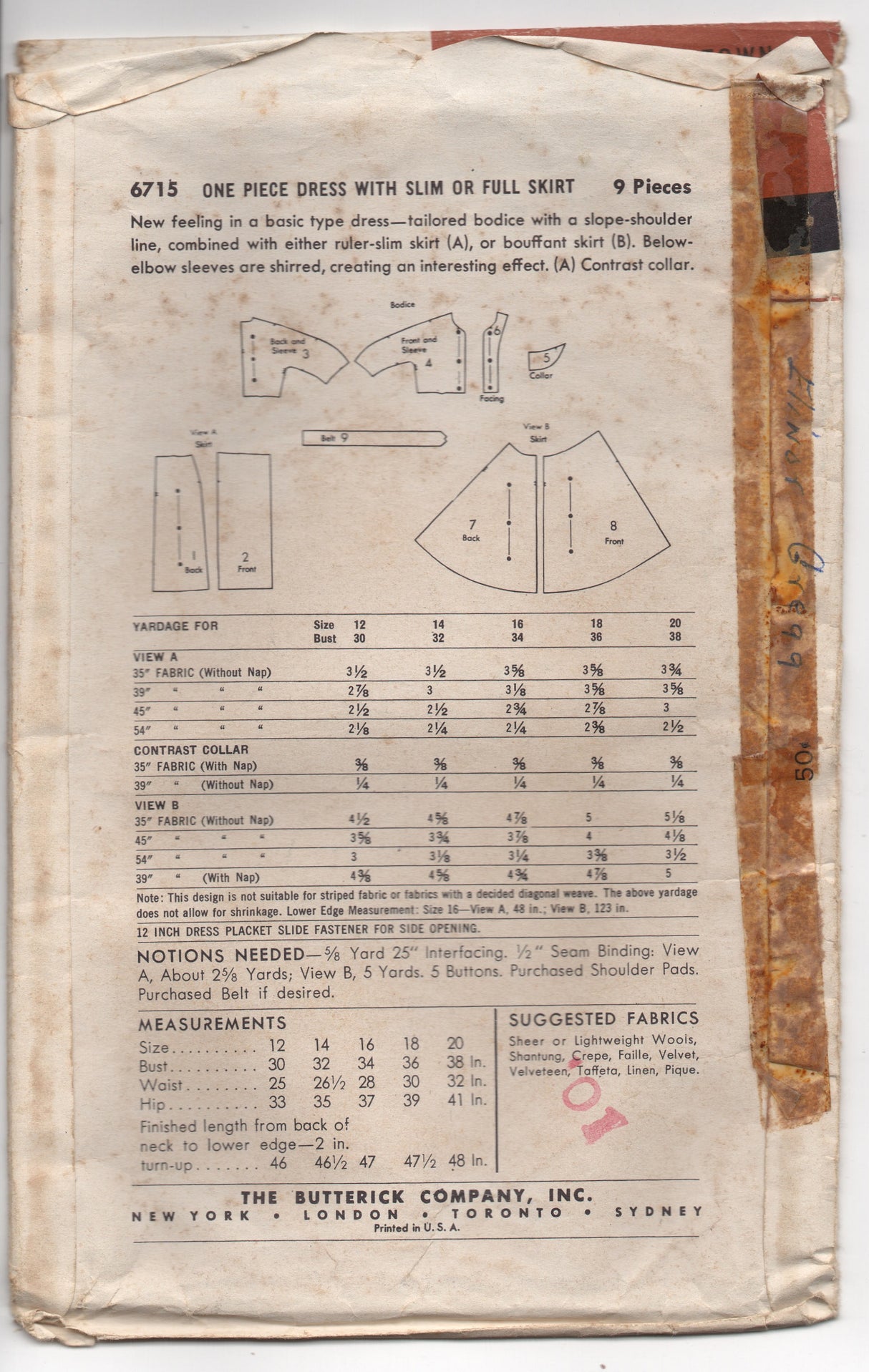 1950's Butterick One Piece Dress with Sloped Shoulders and Bouffant Skirt Pattern - Bust 34" - No. 6715