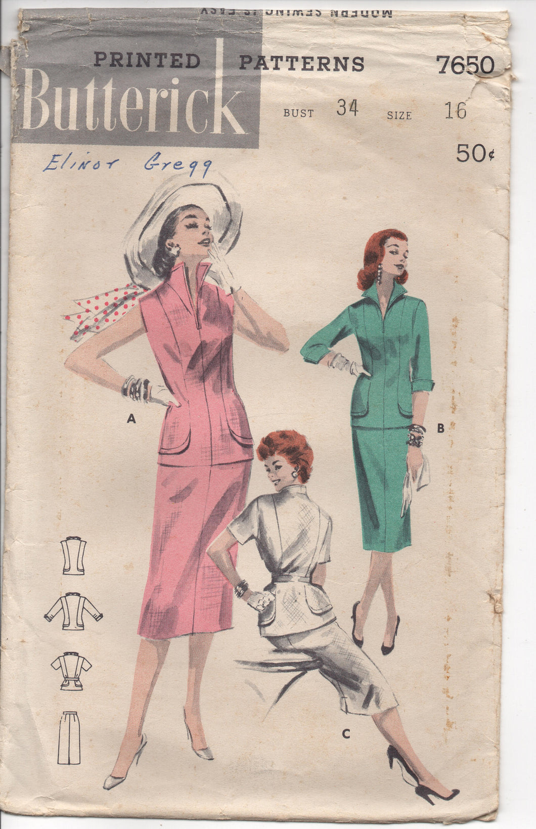 1950's Butterick Two Piece Dress with Elongated lines and Stand-up Collar Pattern - Bust 34