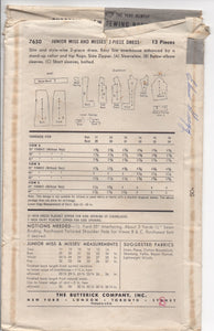 1950's Butterick Two Piece Dress with Elongated lines and Stand-up Collar Pattern - Bust 34" - No. 7650