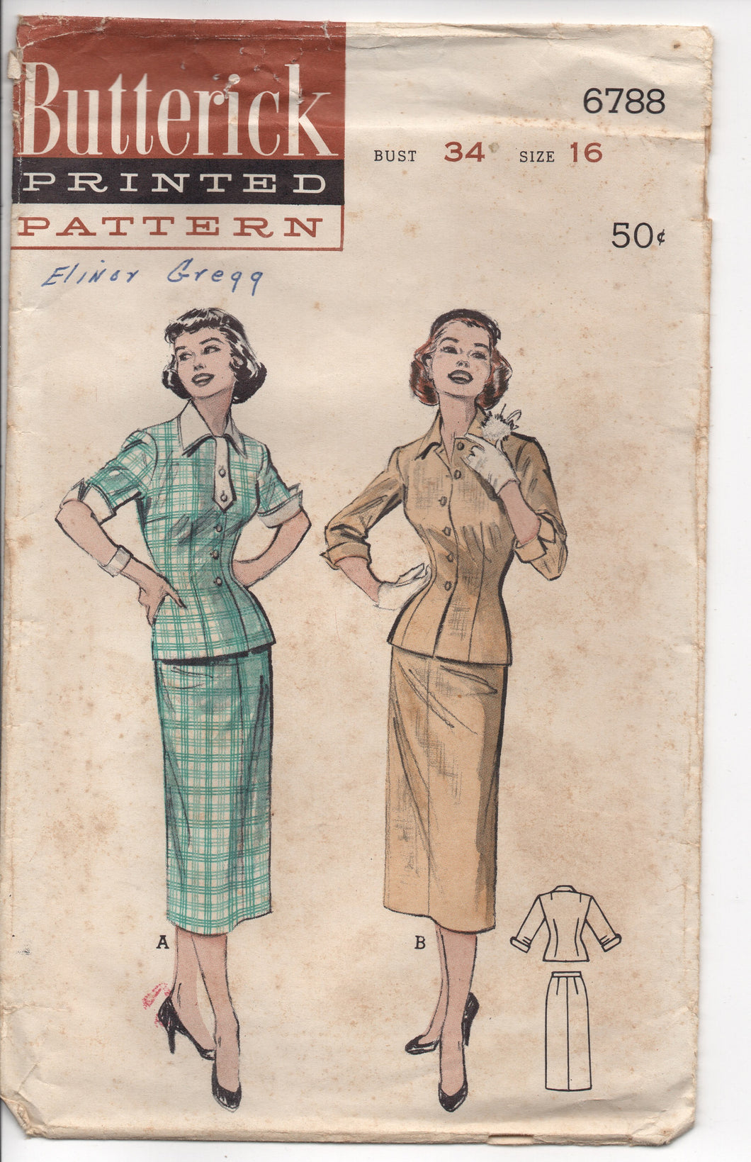 1950's Butterick Two Piece Dress with Button Up Fitted Top Pattern - Bust 34