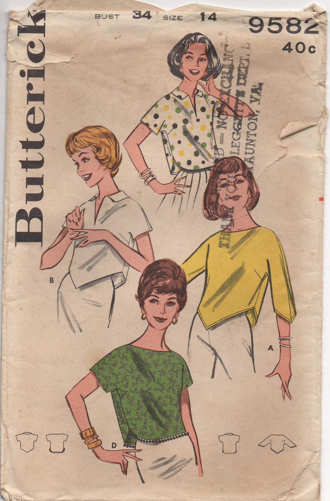 1960's Butterick Cropped Blouse in Three Styles - Bust 34