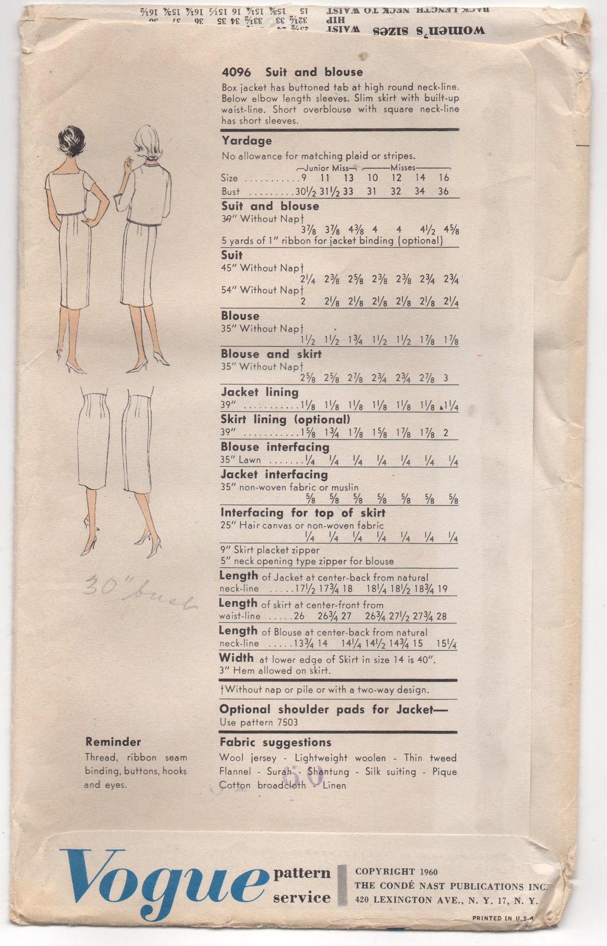 1960's Vogue Special Design Two Piece Suit and Blouse - Bust 31" - No. 4096