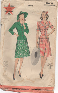 Wartime 1940's Hollywood Two Piece Dress with Short Sleeves and Flared Skirt - Bust 30" - No. 1093
