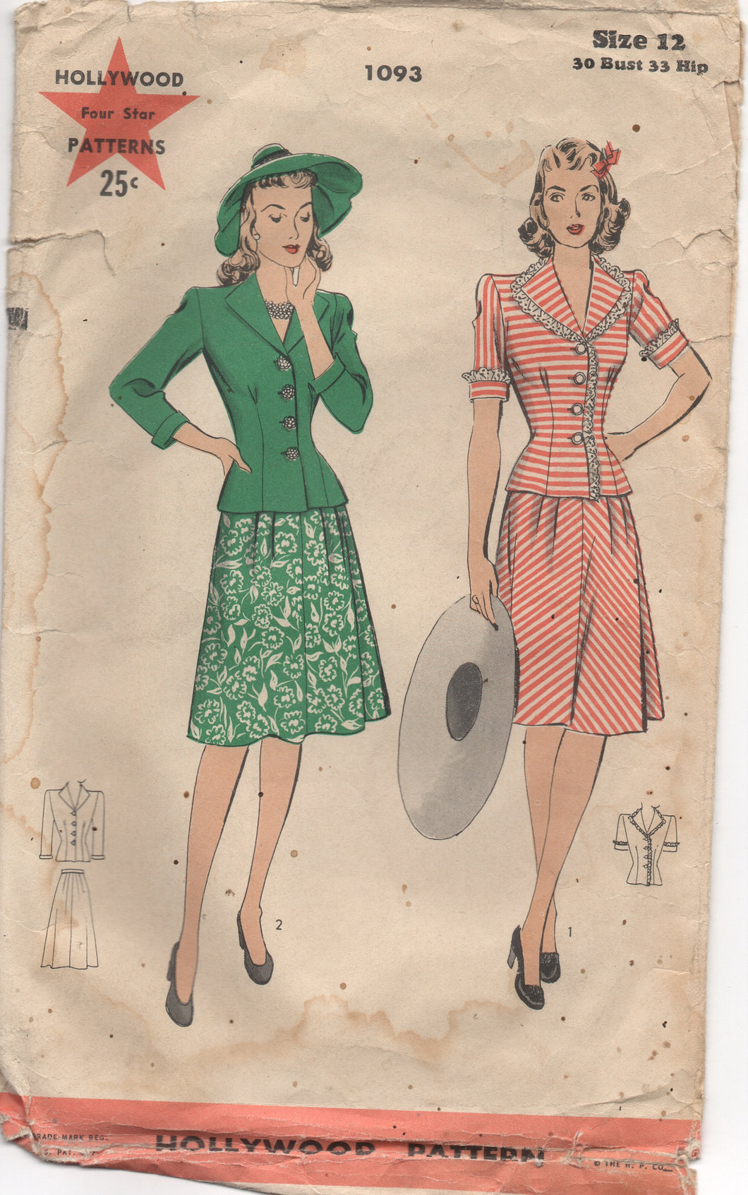 Wartime 1940's Hollywood Two Piece Dress with Short Sleeves and Flared Skirt - Bust 30