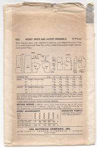 1950's Butterick Sheath Dress with modified V neck and Jacket Pattern - Bust 34" - No. 8331