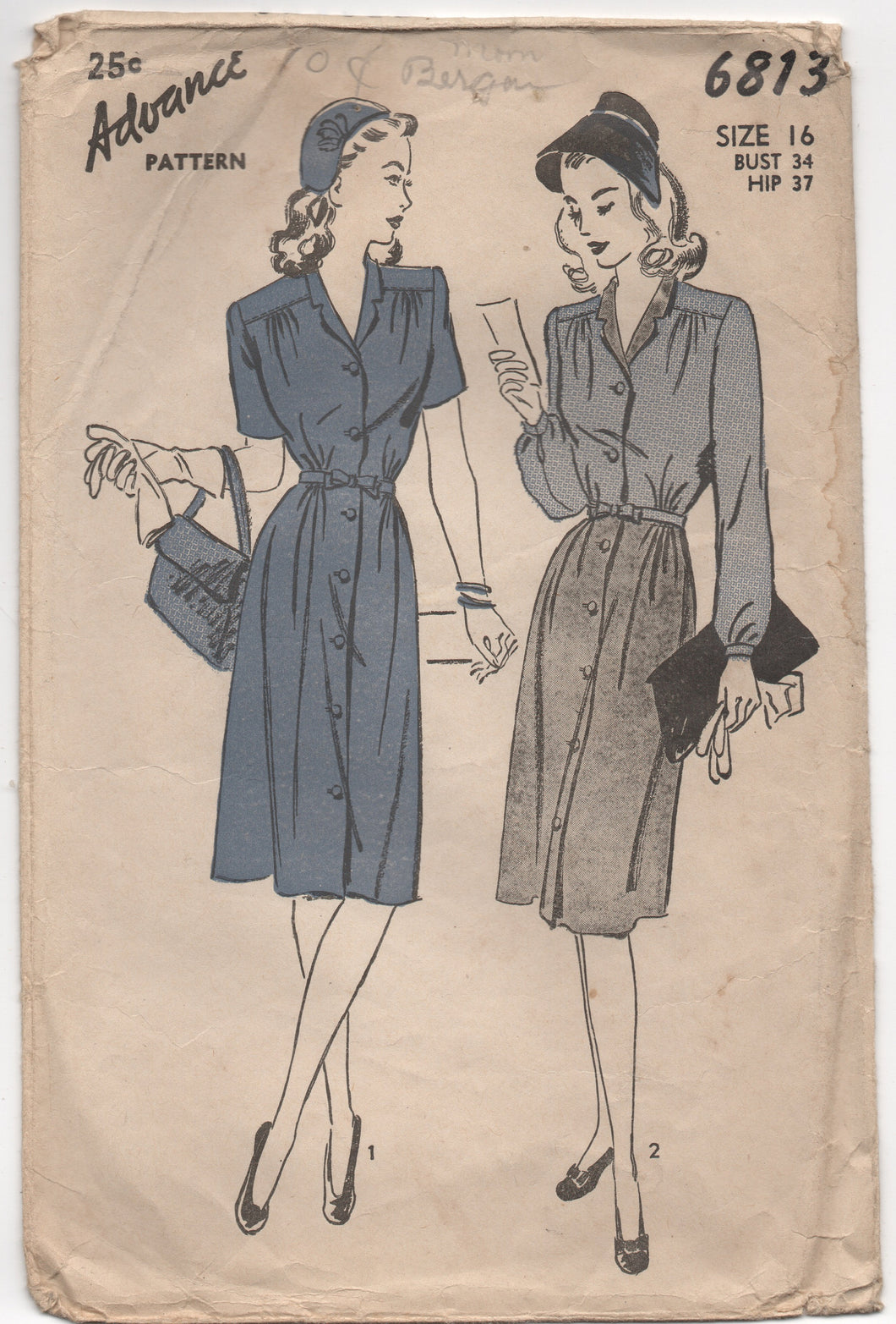 1940's Advance One Piece Shirtwaist Dress with Bow Detail at Waist - Bust 34