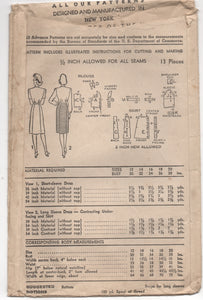 1940's Advance One Piece Shirtwaist Dress with Bow Detail at Waist - Bust 34" - No. 6813