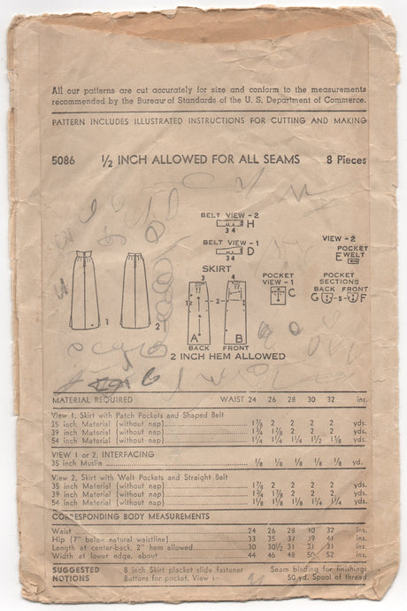 1940's Advance High Waisted Skirt with Pockets - Waist 26" - No. 5086