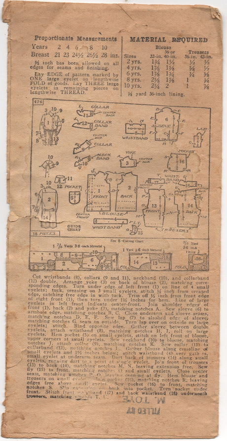 1930’s Ideal Pattern Boy’s Shirt and Shorts Patterns - Breast 23” - No. 476