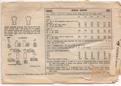 1950's Simplicity Blouse Pattern with Scallop, Straight or Curved Neckline - Bust 30" - No. 4656