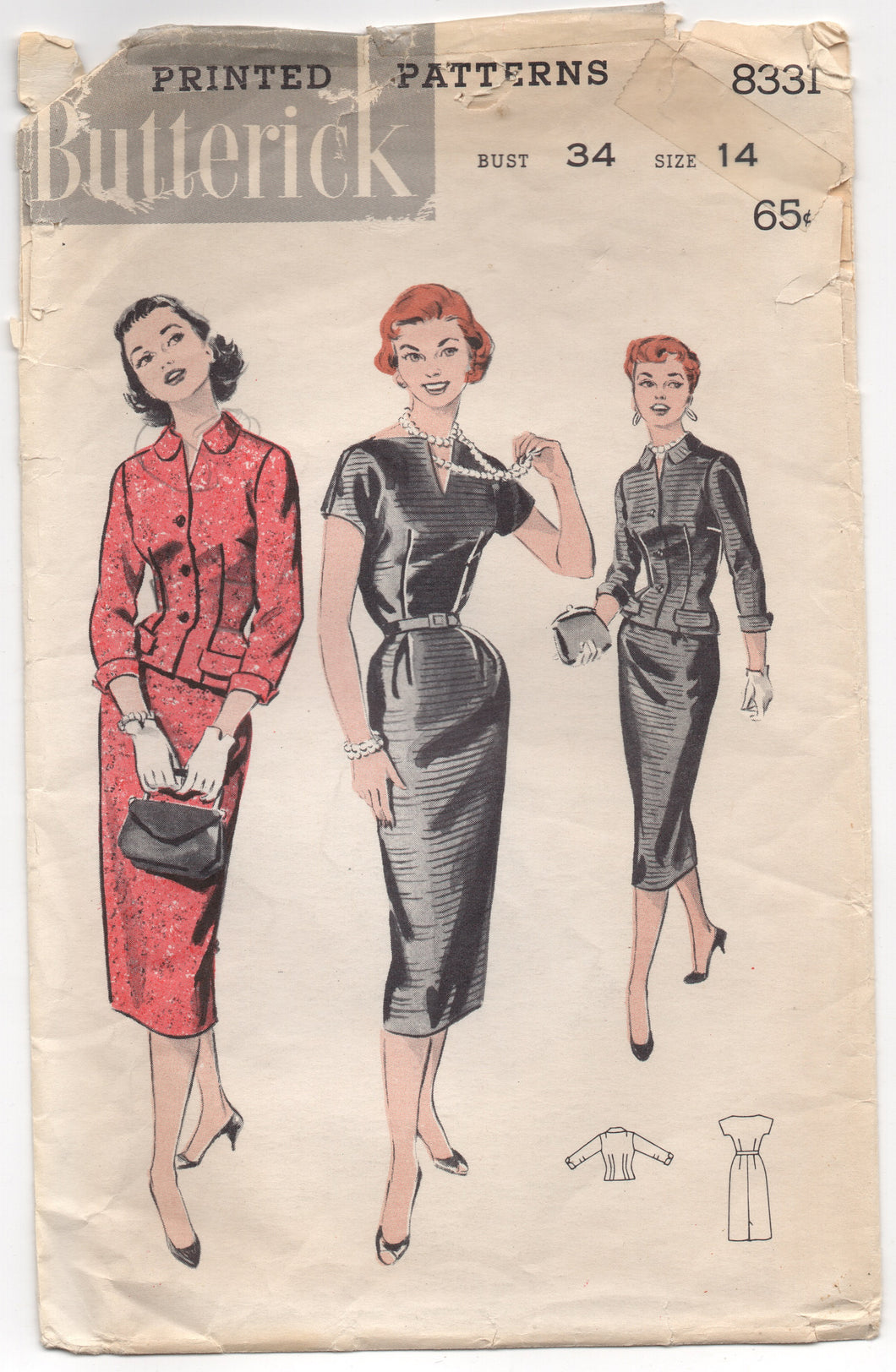 1950's Butterick Sheath Dress with modified V neck and Jacket Pattern - Bust 34
