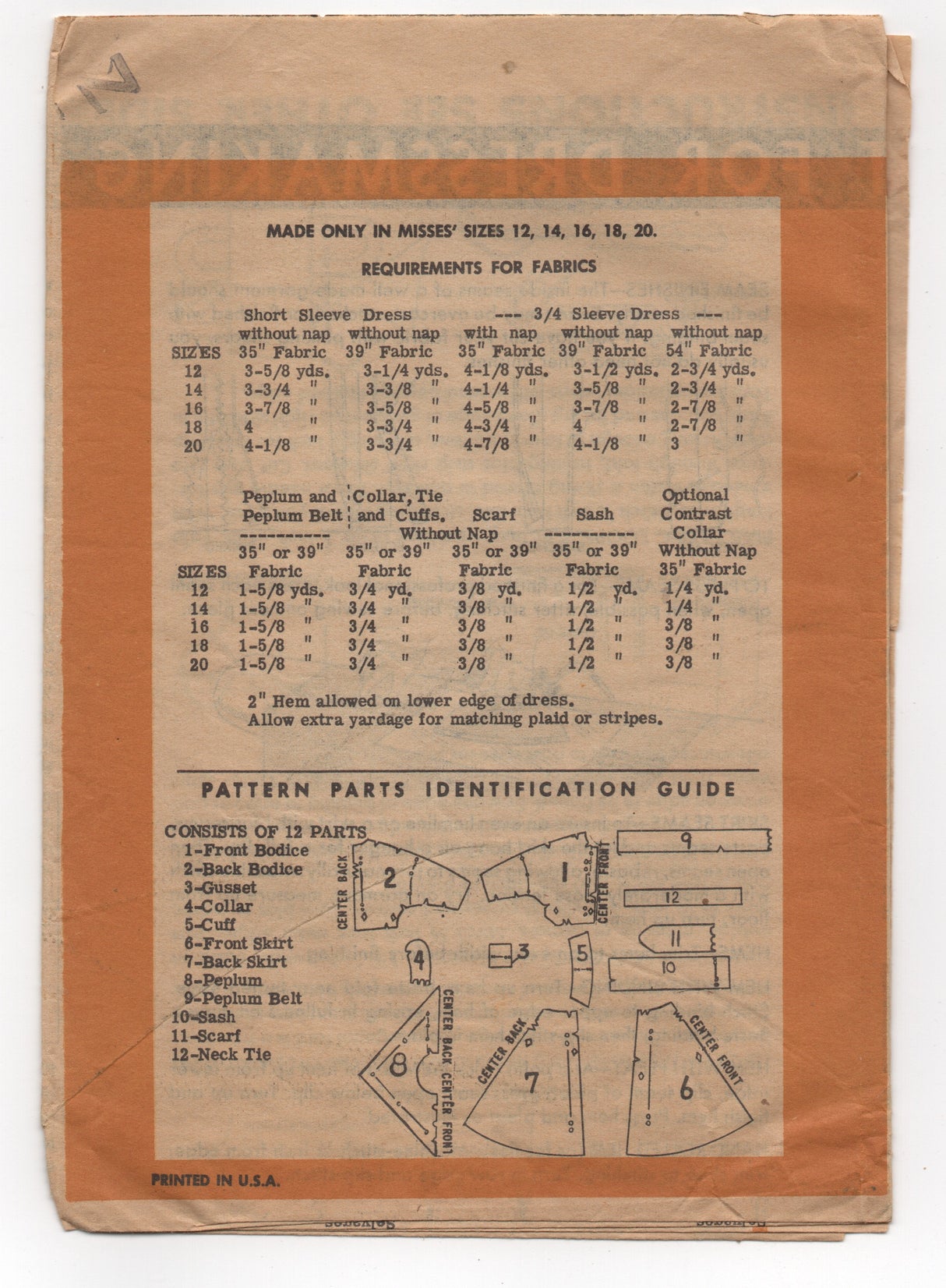 1950's American Weekly One Piece Dress with Sash, Scarf, Tie and Removable Peplum - Bust 32" - No. 3862