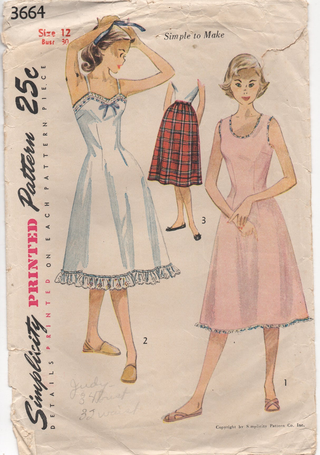 1950’s Simplicity Juniors Full or Half Slip - Bust 30” - No. 3664