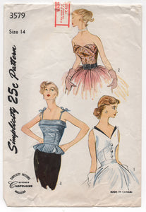 1950's Simplicity Camisole Top (Spaghetti straps, Triangular accents or petal) in 3 styles - Bust 32" - No. 3579