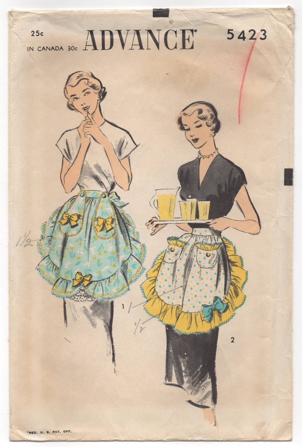 1950's Advance Half Apron with Ruffles and Pockets - One Size - No. 5423