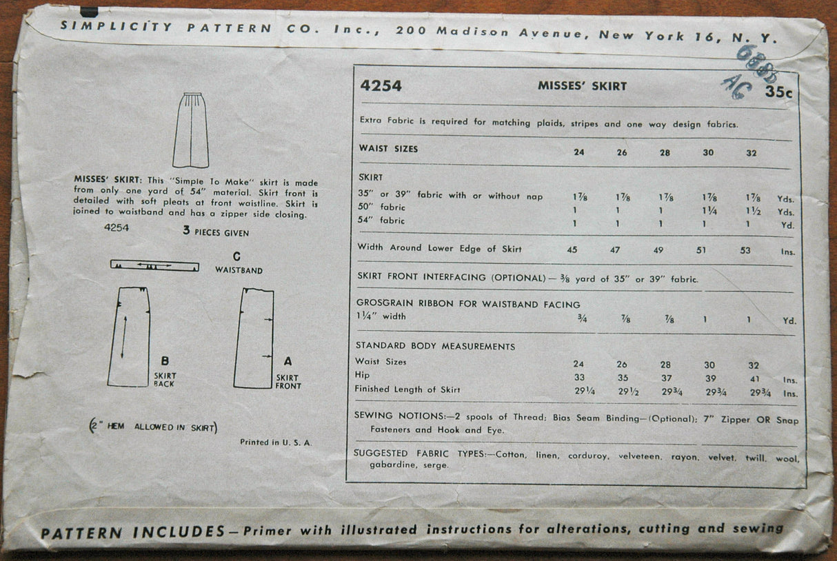 1950's Simplicity Slim Skirt Pattern - Waist 32" - No. 4254