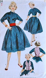 1950's Simplicity Full Skirt Dress, Vest, Cummerbund, Collar and Cuffs Pattern - Bust 28 - no. 3954