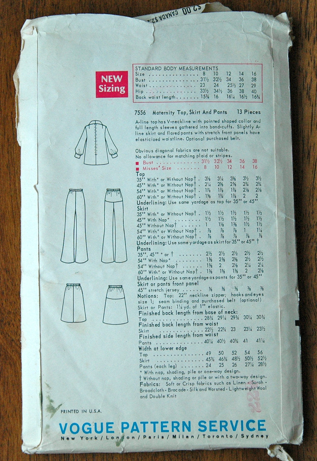 1960's Vogue Maternity Top, Skirt and Pants Pattern - Bust 34 - No. 7556