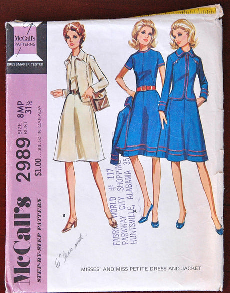 1970's McCall's Dress and Jacket Pattern - PETITE - Bust 31 1/2 - no. 2989