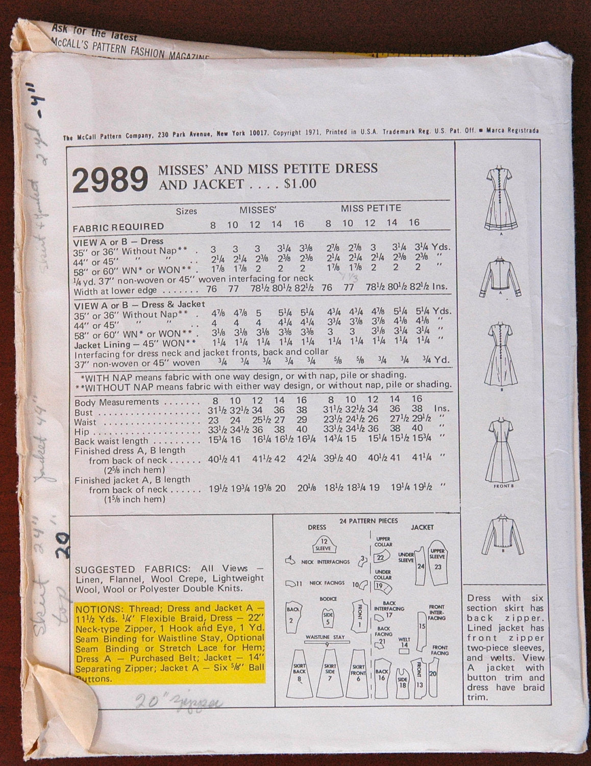 1970's McCall's Dress and Jacket Pattern - PETITE - Bust 31 1/2 - no. 2989