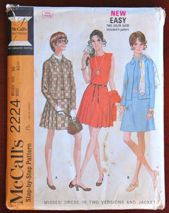 1960's McCall's One Piece Drop waist Dress and Jacket Pattern - Bust 32 1/2" - No. 2224