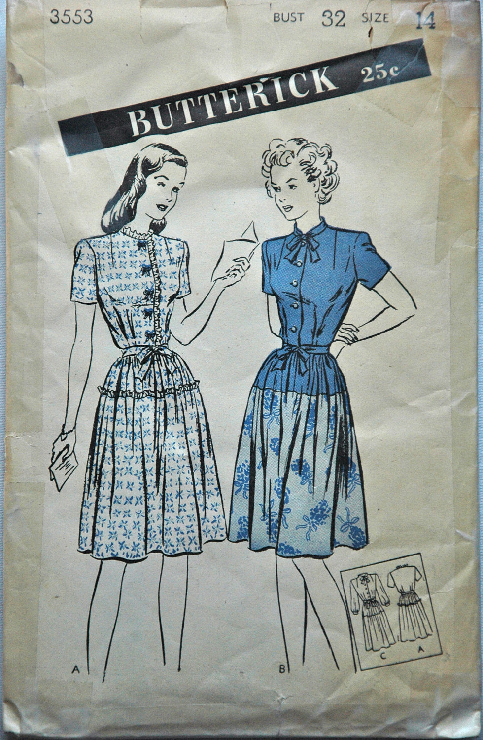 1940's Butterick One-Piece Drop Waist Dress Pattern - Bust 32