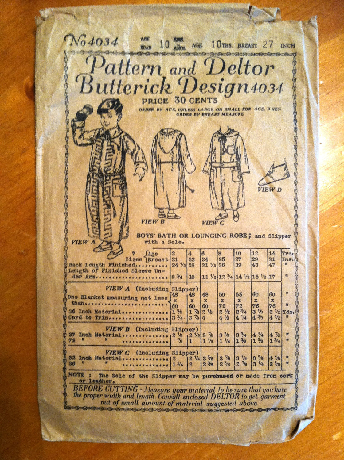 1920's Butterick Boy's Bathrobe and Slipper Pattern - Breast 27" - No. 4034