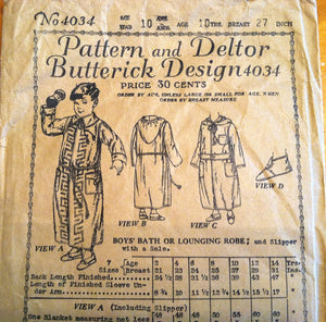 1920's Butterick Boy's Bathrobe and Slipper Pattern - Breast 27" - No. 4034