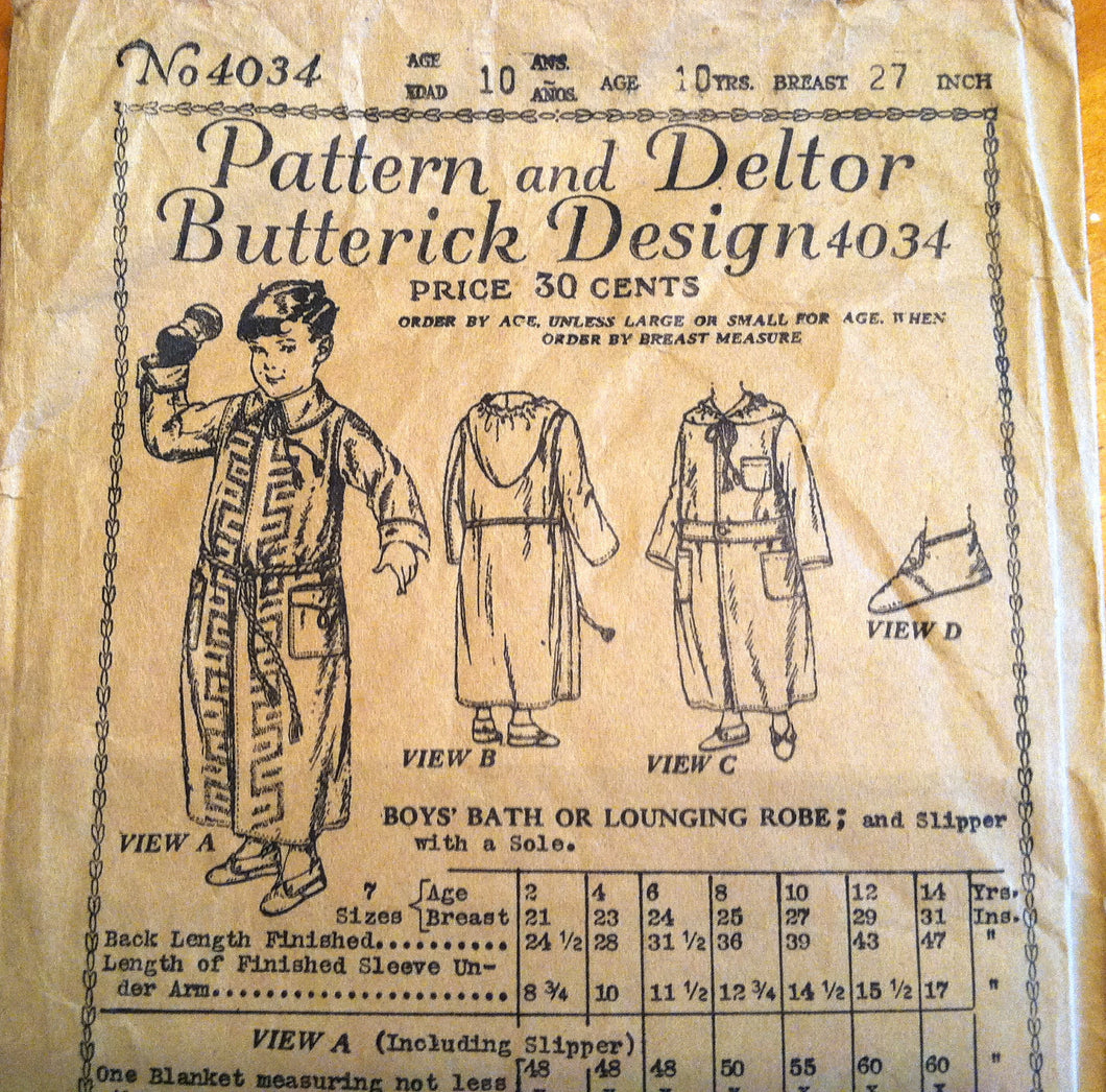 1920's Butterick Boy's Bathrobe and Slipper Pattern - Breast 27