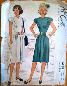 1947 McCall Junior's Dress with Scallop Accent Pattern - Bust 33" - No. 6759
