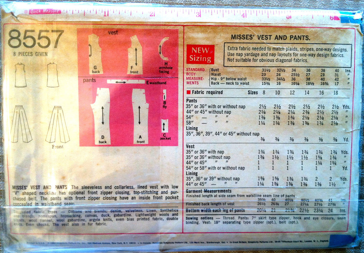 1960's Simplicity Misses Vest and Pants Pattern - Bust 32 1/2" - no. 8557