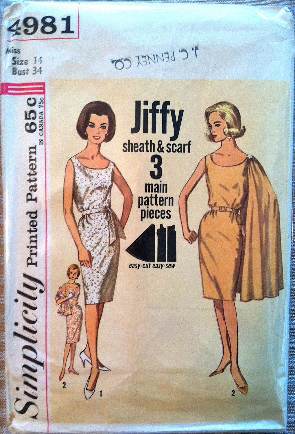 1960's Simplicity One Piece Dress and Scarf Pattern - Bust 34 - UNCUT - no. 4981