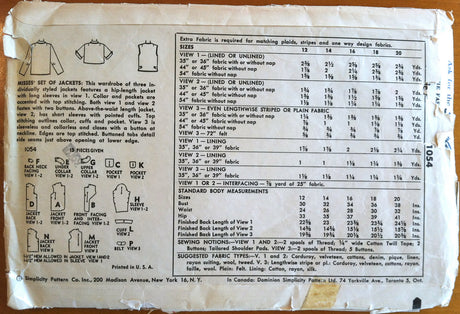 1950's Simplicity Women's Set of Jackets Pattern - Bust 34 - no. 1054