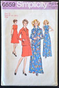 1970's Simplicity Maxi Dress, A-line Dress and Jacket Pattern - Bust 34" - No. 6559