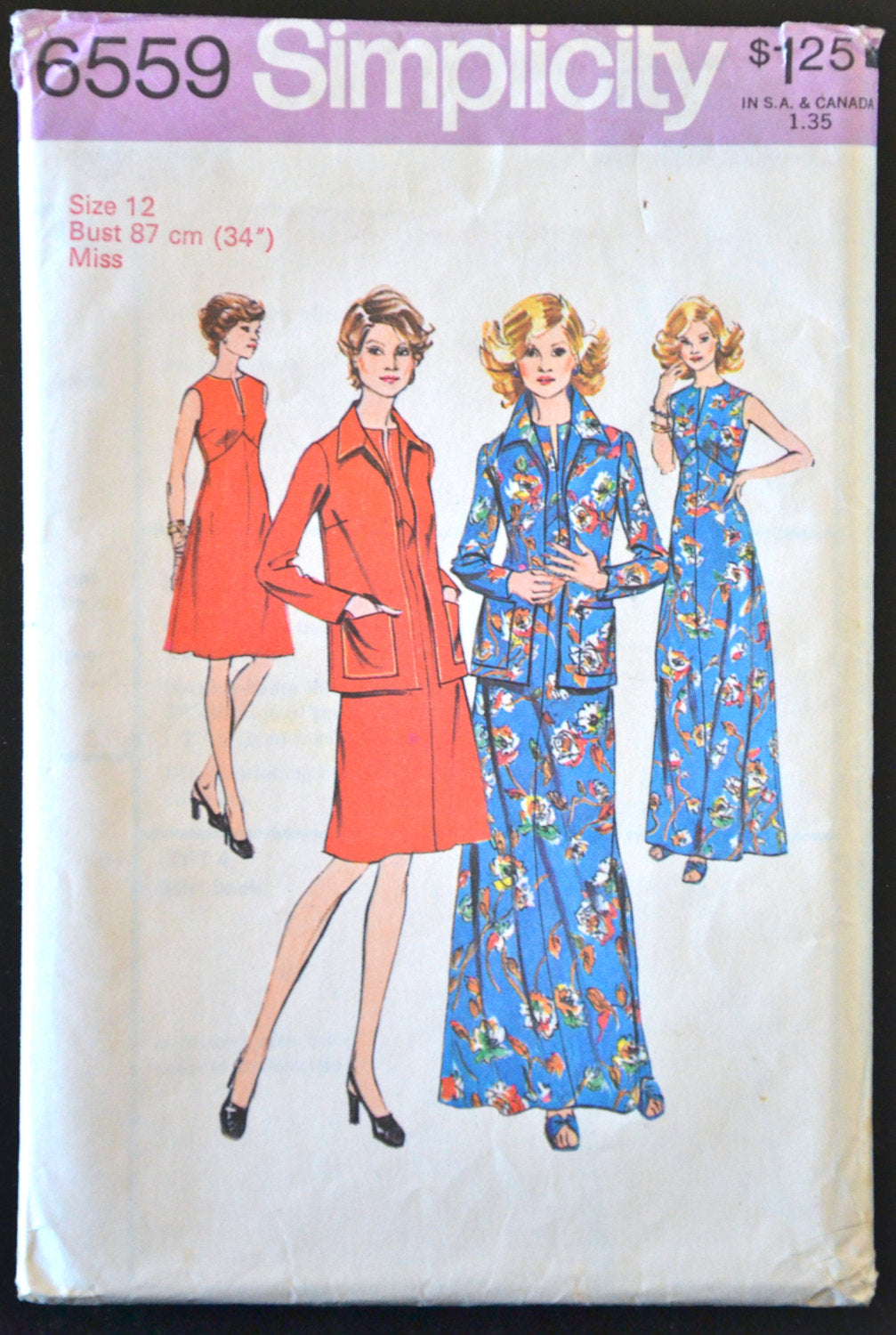 1970's Simplicity Maxi Dress, A-line Dress and Jacket Pattern - Bust 34