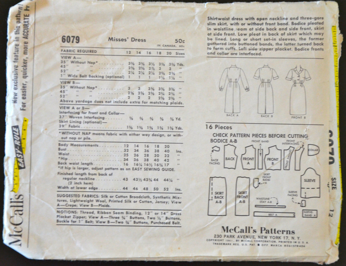 1960's McCall's Shirtwaist Dress Pattern - Bust 32 - 6079