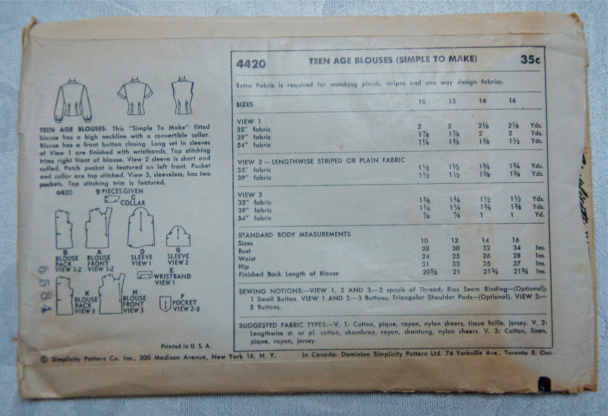 1950's Simplicity Button-up Blouse pattern - Bust 32 - No. 4420