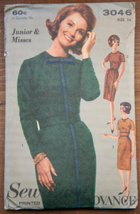 1960's Sew-Easy Advance Misses' Dress pattern - Bust 34" - No. 3046