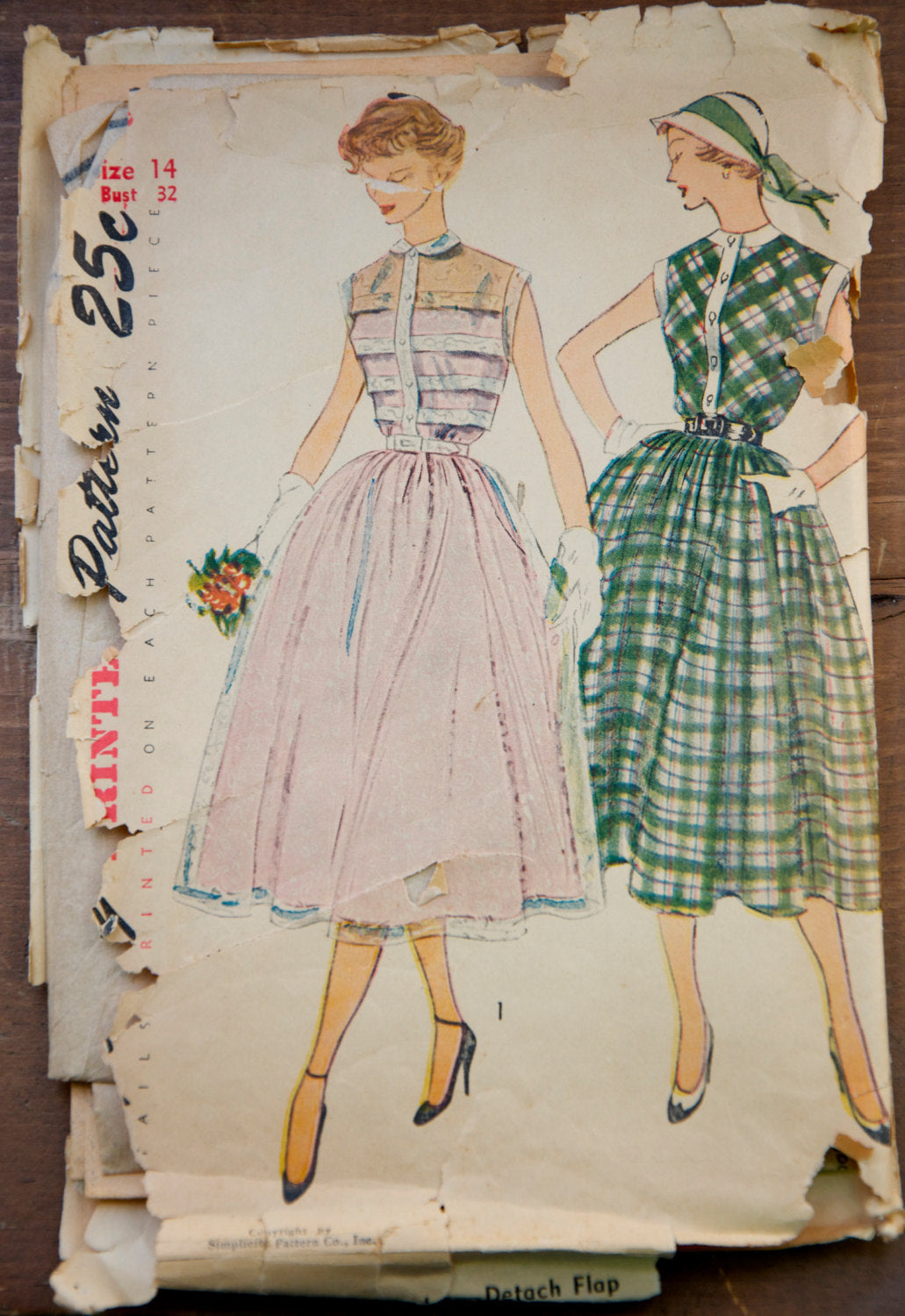 1950's Simplicity One-piece Dress with tucked bodice and full skirt pattern - Bust 32" - No. 3252