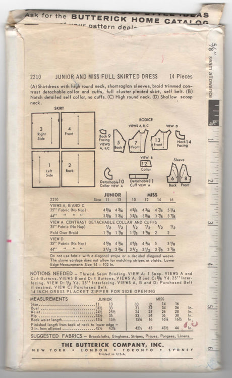 1960's Butterick One-Piece Shirtwaist Dress pattern - Bust 32" - No. 2210