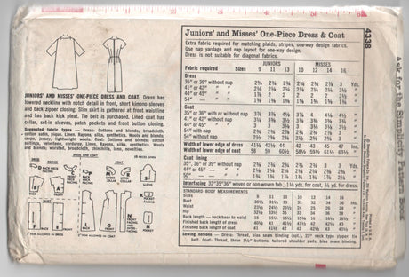 1960's Simplicity One Piece Dress and Coat Pattern - Bust 34" - No. 4338