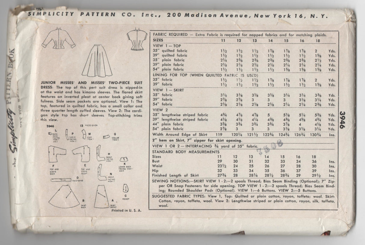 1950's Simplicity Two-Piece Dress Pattern - Bust 30" - No. 3946