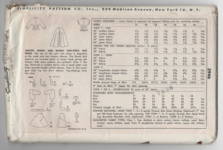 1950's Simplicity Two-Piece Dress Pattern - Bust 30" - No. 3946