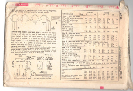 1960's Simplicity Jacket and Skirt Pattern - Bust 33" - No. 4859